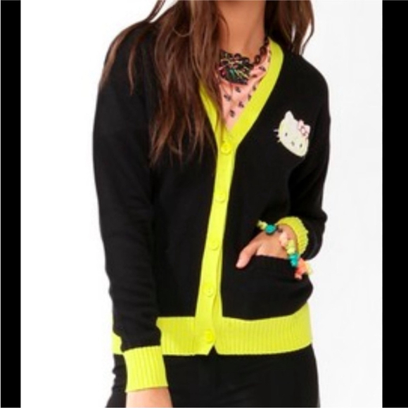 Hello Kitty Sweaters - HELLO KITTY X FOREVER 21 button up cardigan front pockets black neon green small